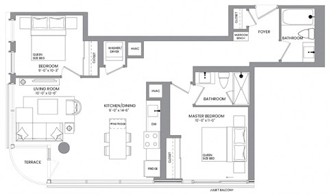 Floor plan for 2 beds, 2 baths, 892 sqft